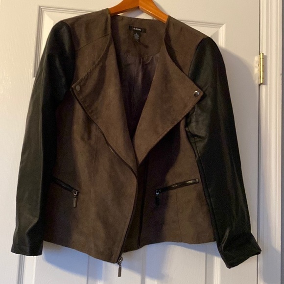 Alfani jacket, olive green and black faux leather sleeves, size L - Picture 1 of 3